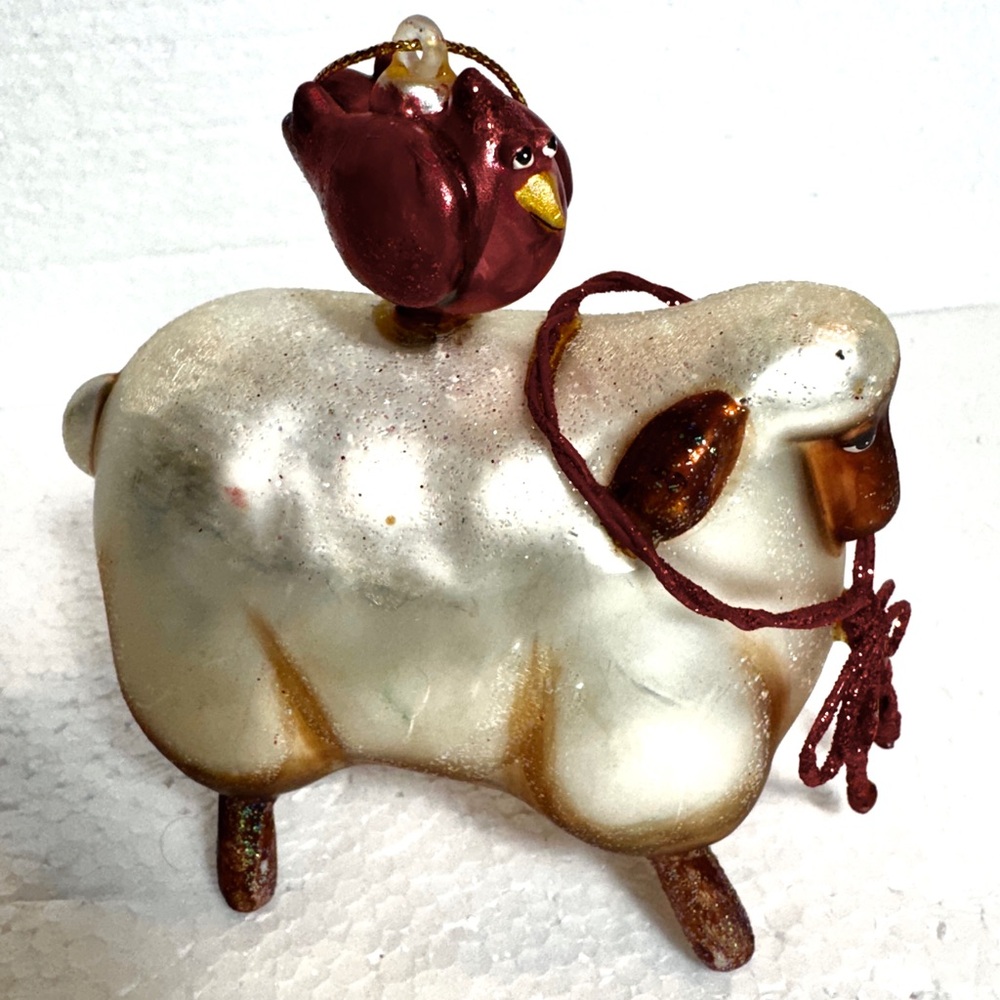 Charming White and Brown Glass Sheep Figurine with Red Bird Small CardinalAccent